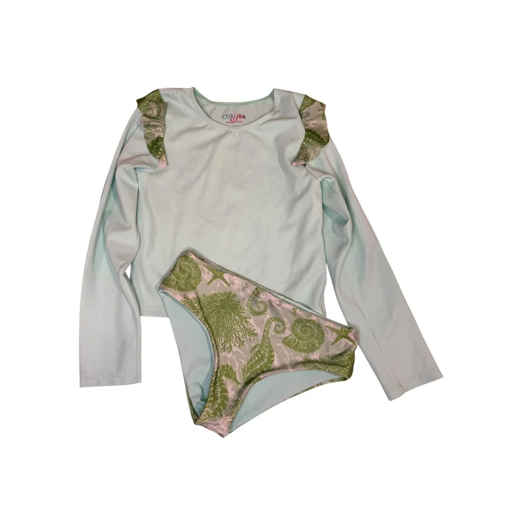 Curuba Mint ReversibleRash Guard Set Kids Seahorse Ruffle‎ Swimsuit 8-10